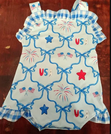 4.28 Preorder moq 5 Baby Girls Strap Blue Bows Flags 4th Of July Ruffle Rompers