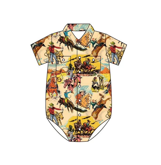 4.28 Preorder moq 5 Baby Boys Short Sleeves Horse Rodeos Button Pockets Rompers