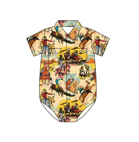 4.28 Preorder moq 5 Baby Boys Short Sleeves Horse Rodeos Button Pockets Rompers