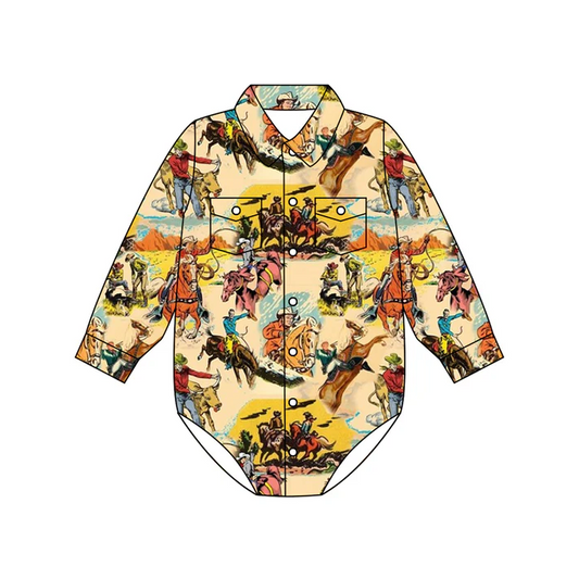 4.28 Preorder moq 5 Baby Boys Long Sleeves Horse Rodeos Button Pockets Rompers