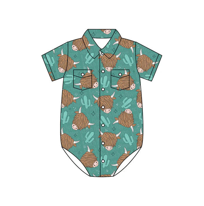 4.28 Preorder moq 5 Baby Boys Short Sleeves Highland Cow Cactus Button Pockets Rompers