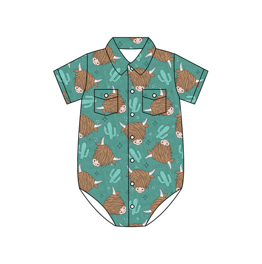 4.28 Preorder moq 5 Baby Boys Short Sleeves Highland Cow Cactus Button Pockets Rompers