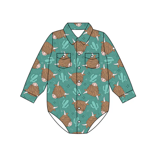 4.28 Preorder moq 5 Baby Boys Long Sleeves Highland Cow Cactus Button Pockets Rompers