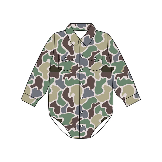 4.28 Preorder moq 5 Baby Boys Long Sleeves Green Brown Camo Button Pockets Rompers