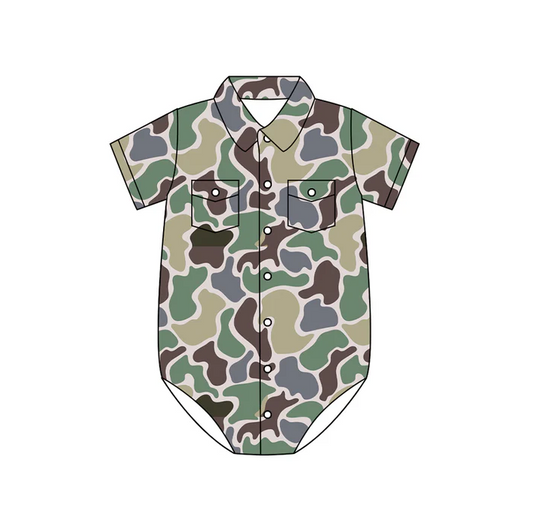 4.28 Preorder moq 5 Baby Boys Short Sleeves Green Brown Camo Button Pockets Rompers