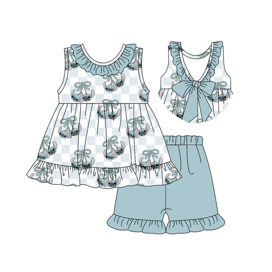 4.29 Preorder moq 5 Baby Girls Sleeveless Cartoon Bunny Bows Tunic Blue Ruffle Short Set