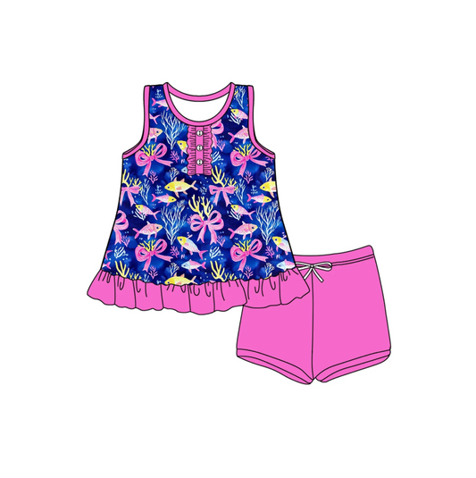 4.29 Preorder moq 5 Baby Girls Sleeveless Sea World Button Tunic Pink Short Set