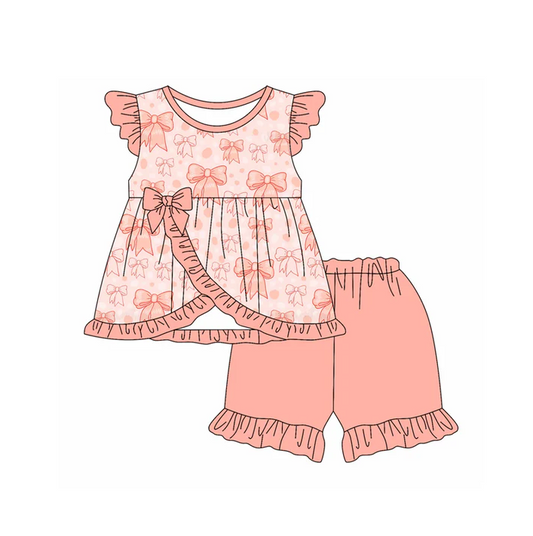 4.29 Preorder moq 5 Baby Girls Peach Flutter Sleeves Bows Tunic Ruffle Short Set