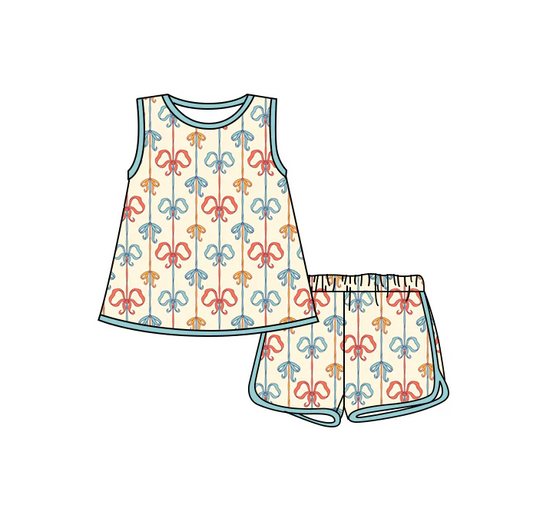 4.29 Preorder moq 5 Baby Girls Sleeveless Colorful Bows Stripe Tunic Short Set
