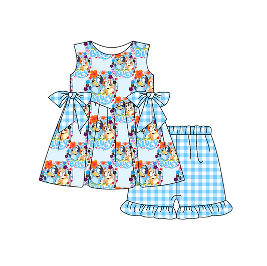 4.29 Preorder moq 5 Baby Girls Blue Sleeveless Cartoon Dogs Bows Tunic Plaid Ruffle Short Set