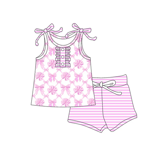 4.29 Preorder moq 5 Baby Girls Strap Button Bows Plaid Tunic Pink Stripe Short Set