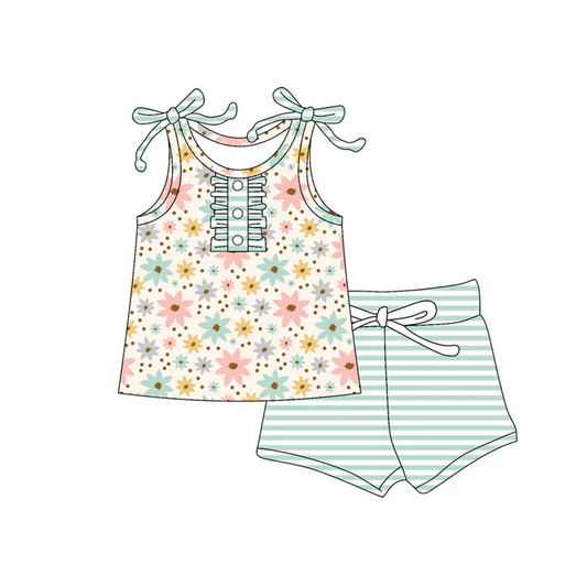 4.29 Preorder moq 5 Baby Girls Strap Button Colorful Flowers Tunic Aqua Stripe Short Set