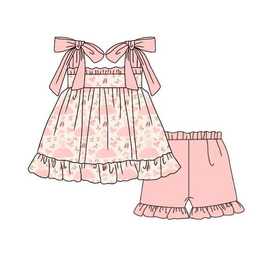 4.29 Preorder moq 5 Baby Girls Pink Strap Bows Dresses Tunic Ruffle Short Set