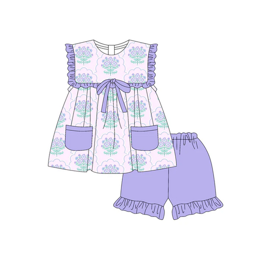 4.29 Preorder moq 5 Baby Girls Sleeveless Purple Floral Pockets Tunic Ruffle Short Set