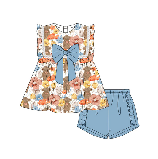 4.29 Preorder moq 5 Baby Girls Sleeveless Highland Cows Flowers Tunic Blue Ruffle Short Set