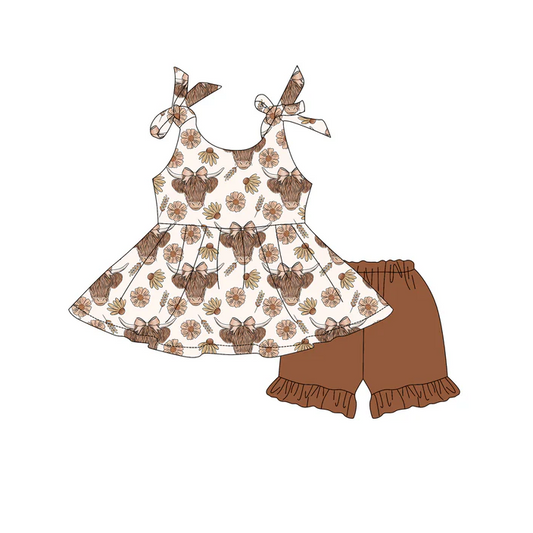 4.29 Preorder moq 5 Baby Girls Strap Highland Cows Flowers Tunic Brown Ruffle Short Set