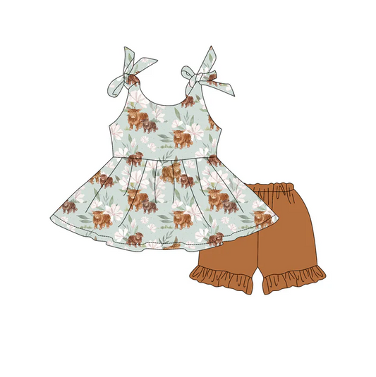4.29 Preorder moq 5 Baby Girls Strap Highland Cows Flowers Tunic Khaki Ruffle Short Set