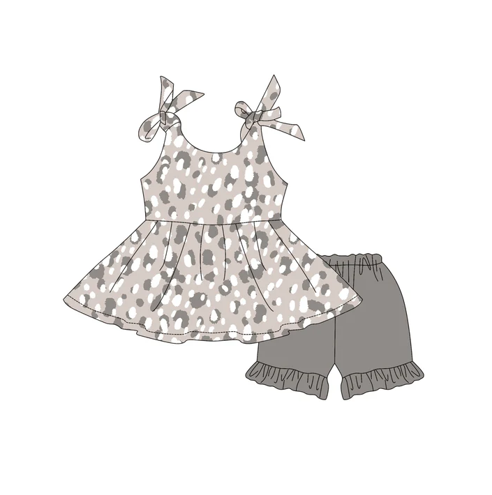 4.29 Preorder moq 5 Baby Girls Strap Gray Leopard Tunic Ruffle Short Set