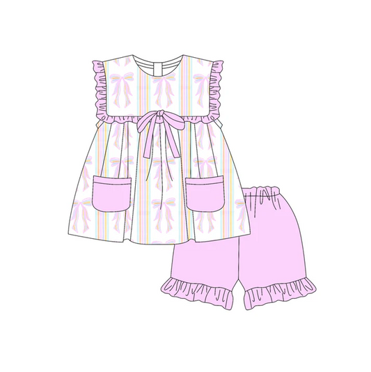 4.29 Preorder moq 5 Baby Girls Sleeveless Lavender Bows Pockets Tunic Ruffle Short Set