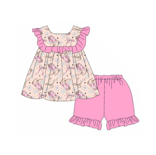 4.29 Preorder moq 5 Baby Girls Sleeveless Boots Floral Tunic Pink Ruffle Short Set