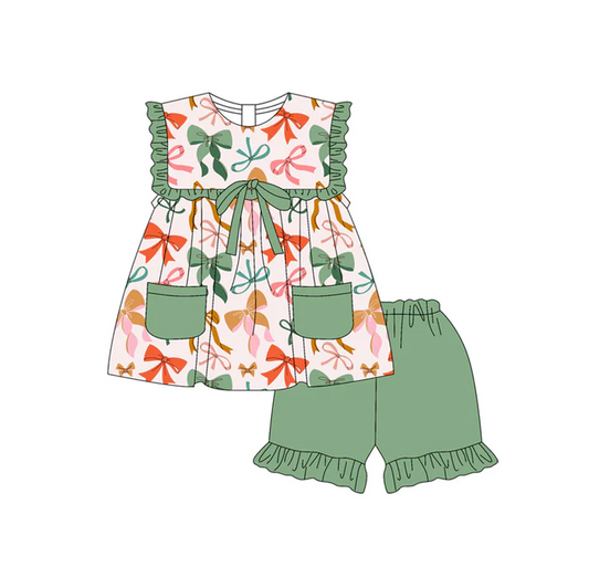 4.29 Preorder moq 5 Baby Girls Sleeveless Colorful Bows Pockets Tunic Green Ruffle Short Set