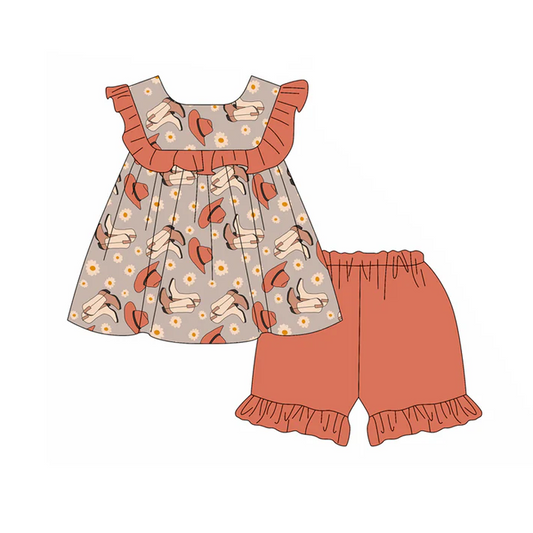 4.29 Preorder moq 5 Baby Girls Sleeveless Flowers Boots Tunic Ruffle Short Set