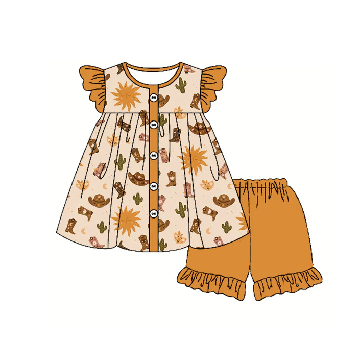 4.29 Preorder moq 5 Baby Girls Orange Flutter Sleeves Button Cactus Boots Tunic Ruffle Short Set