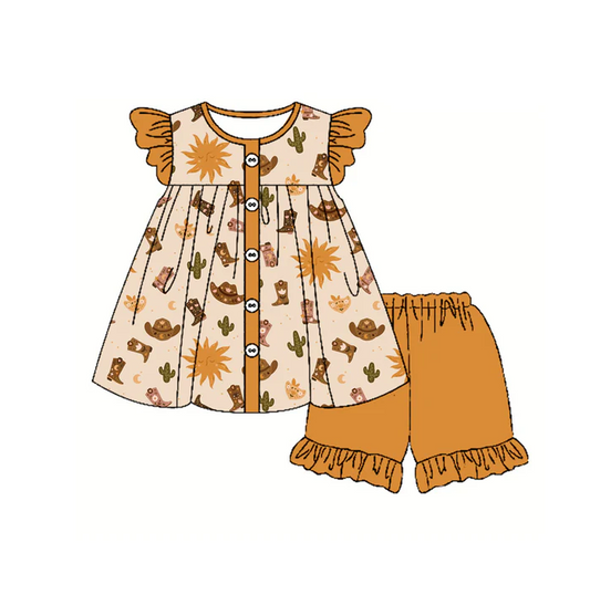 4.29 Preorder moq 5 Baby Girls Orange Flutter Sleeves Button Cactus Boots Tunic Ruffle Short Set