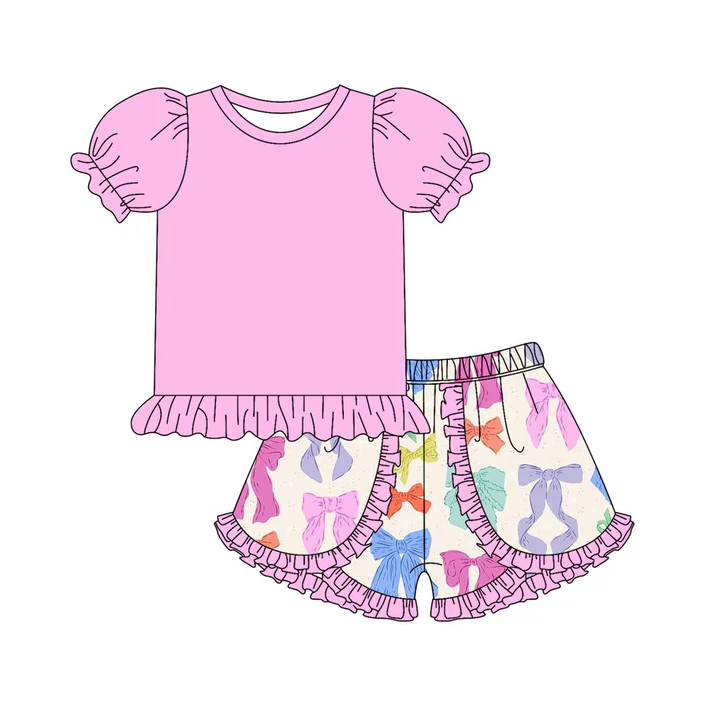 4.29 Preorder moq 5 Baby Girls Pink Short Ruffle Sleeves Tunic Colorful Bows Ruffle Short Set