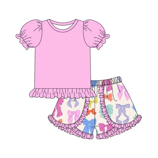4.29 Preorder moq 5 Baby Girls Pink Short Ruffle Sleeves Tunic Colorful Bows Ruffle Short Set