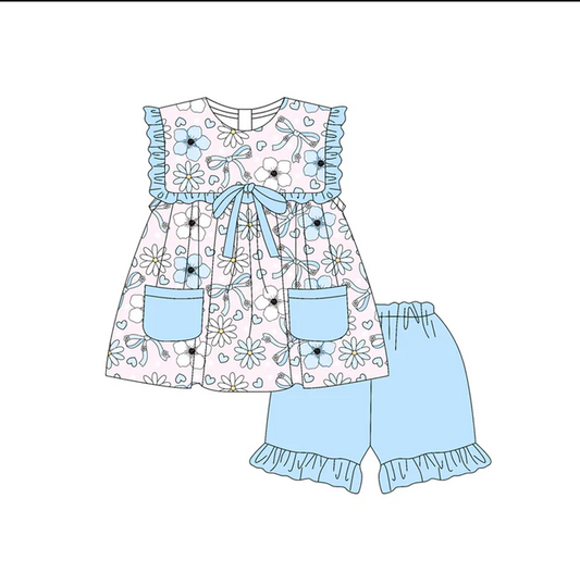 4.29 Preorder moq 5 Baby Girls Blue Sleeveless Bows Flowers Tunic Ruffle Short Set