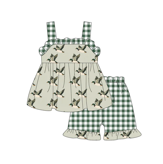 4.29 Preorder moq 5 Baby Girls Green Plaid Strap Ducks Tunic Ruffle Short Set