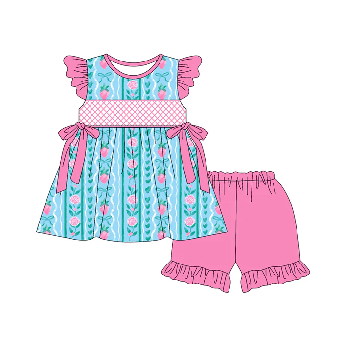 4.29 Preorder moq 5 Baby Girls Pink Flutter Sleeves Bows Flowers Stripe Tunic Ruffle Short Set