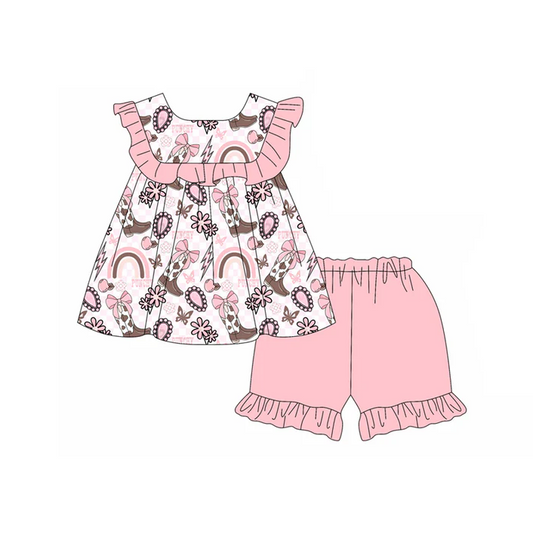 4.29 Preorder moq 5 Baby Girls Sleeveless Boots Rainbows Tunic Pink Ruffle Short Set