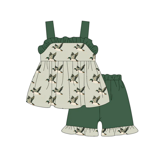 4.29 Preorder moq 5 Baby Girls Green Strap Ducks Tunic Ruffle Short Set