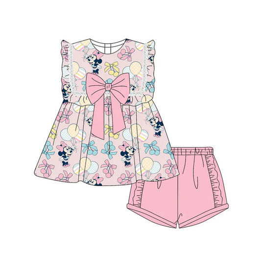 4.29 Preorder moq 5 Baby Girls Sleeveless Cartoon Mouse Balloons Tunic Ruffle Short Set