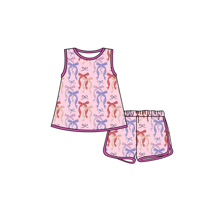 4.29 Preorder moq 5 Baby Girls Pink Sleeveless Colorful Bows Tunic Short Set