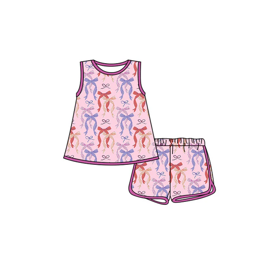 4.29 Preorder moq 5 Baby Girls Pink Sleeveless Colorful Bows Tunic Short Set