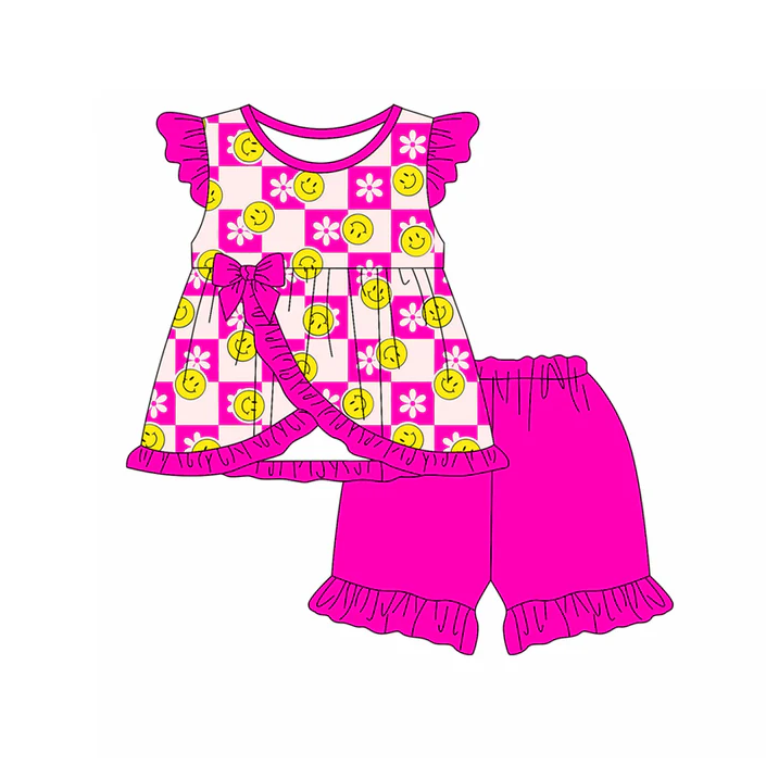 4.29 Preorder moq 5 Baby Girls Hot Pink Flutter Sleeves Smiles Flowers Tunic Ruffle Short Set