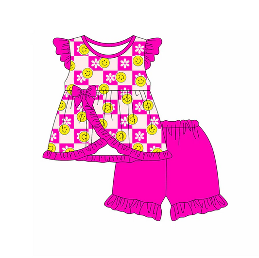 4.29 Preorder moq 5 Baby Girls Hot Pink Flutter Sleeves Smiles Flowers Tunic Ruffle Short Set