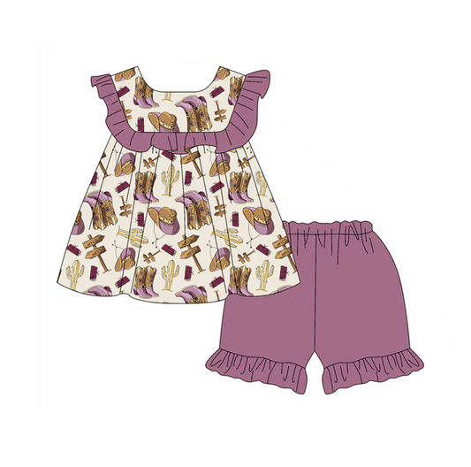 4.29 Preorder moq 5 Baby Girls Sleeveless Boots Cactus Tunic Purple Ruffle Short Set