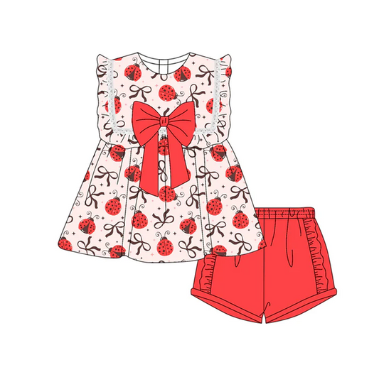 4.29 Preorder moq 5 Baby Girls Red Sleeveless Bows Ladybird Tunic Ruffle Short Set