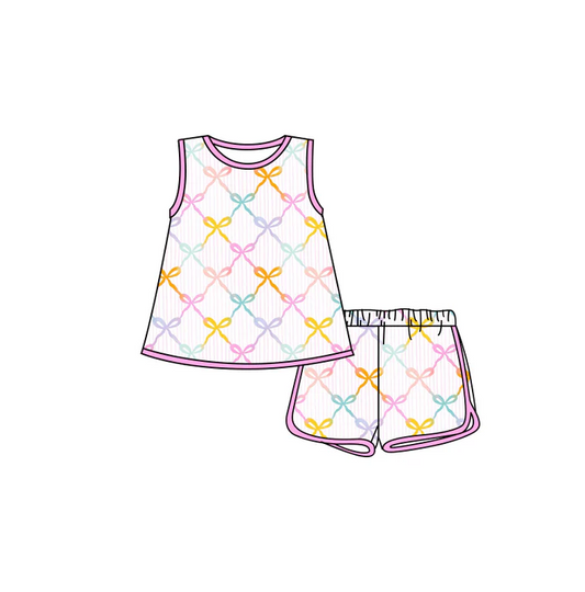4.29 Preorder moq 5 Baby Girls Sleeveless Colorful Bows Tunic Short Set