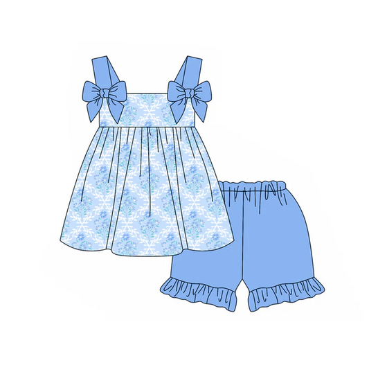 4.29 Preorder moq 5 Baby Girls Blue Strap Floral Plaid Tunic Ruffle Short Set