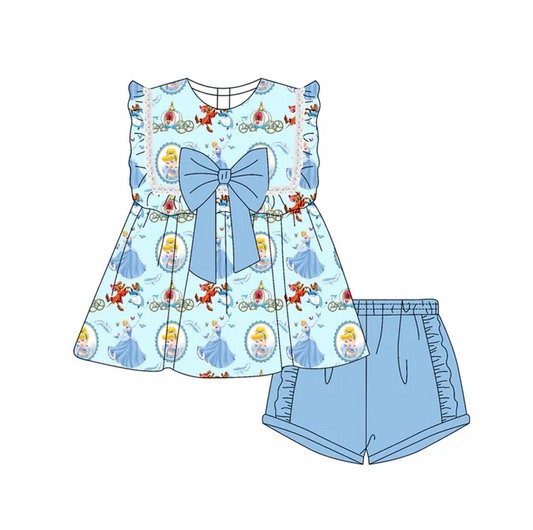 4.29 Preorder moq 5 Baby Girls Blue Sleeveless Cartoon Princess Pumpkins Tunic Ruffle Short Set