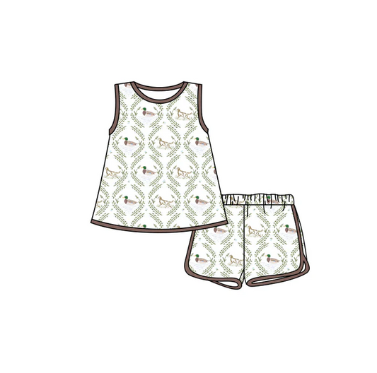 4.29 Preorder moq 5 Baby Girls Sleeveless Dogs Ducks Plaid Tunic Short Set