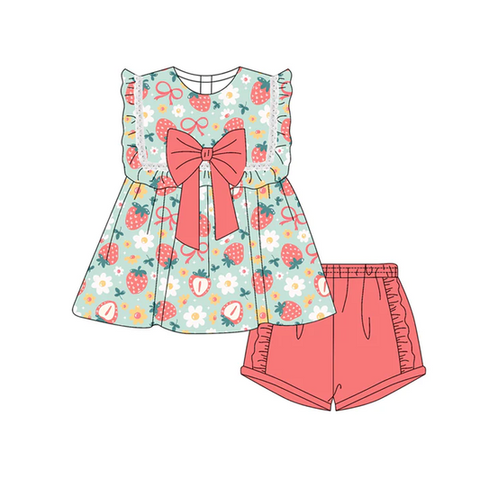 4.29 Preorder moq 5 Baby Girls Sleeveless Peach Bows Strawberry Tunic Ruffle Short Set