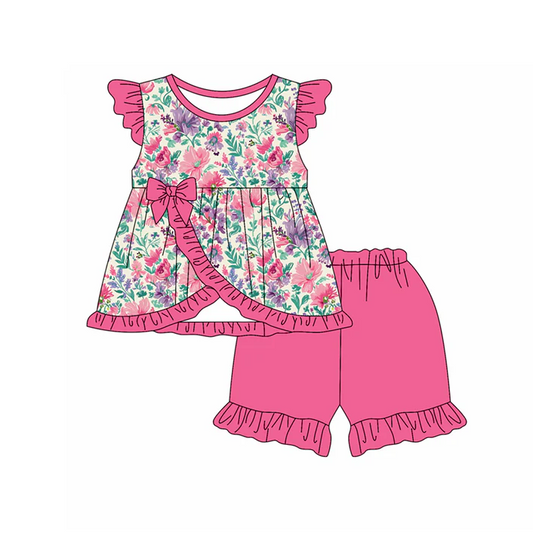 4.29 Preorder moq 5 Baby Girls Pink Flutter Sleeves Floral Bows Tunic Ruffle Short Set