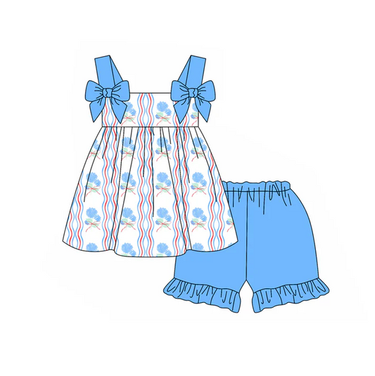4.29 Preorder moq 5 Baby Girls Blue Strap Bows Flowers Tunic Ruffle Short Set