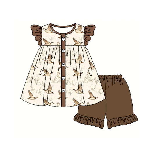 4.29 Preorder moq 5 Baby Girls Brown Ducks Button Tunic Ruffle Short Set